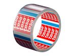 Roll of adhesive tape with red and blue stripes and repeating text pattern
