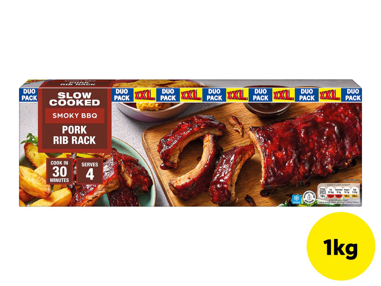 1kg pack of slow cooked smoky BBQ pork rib rack, cooking in 30 minutes and serving 4.