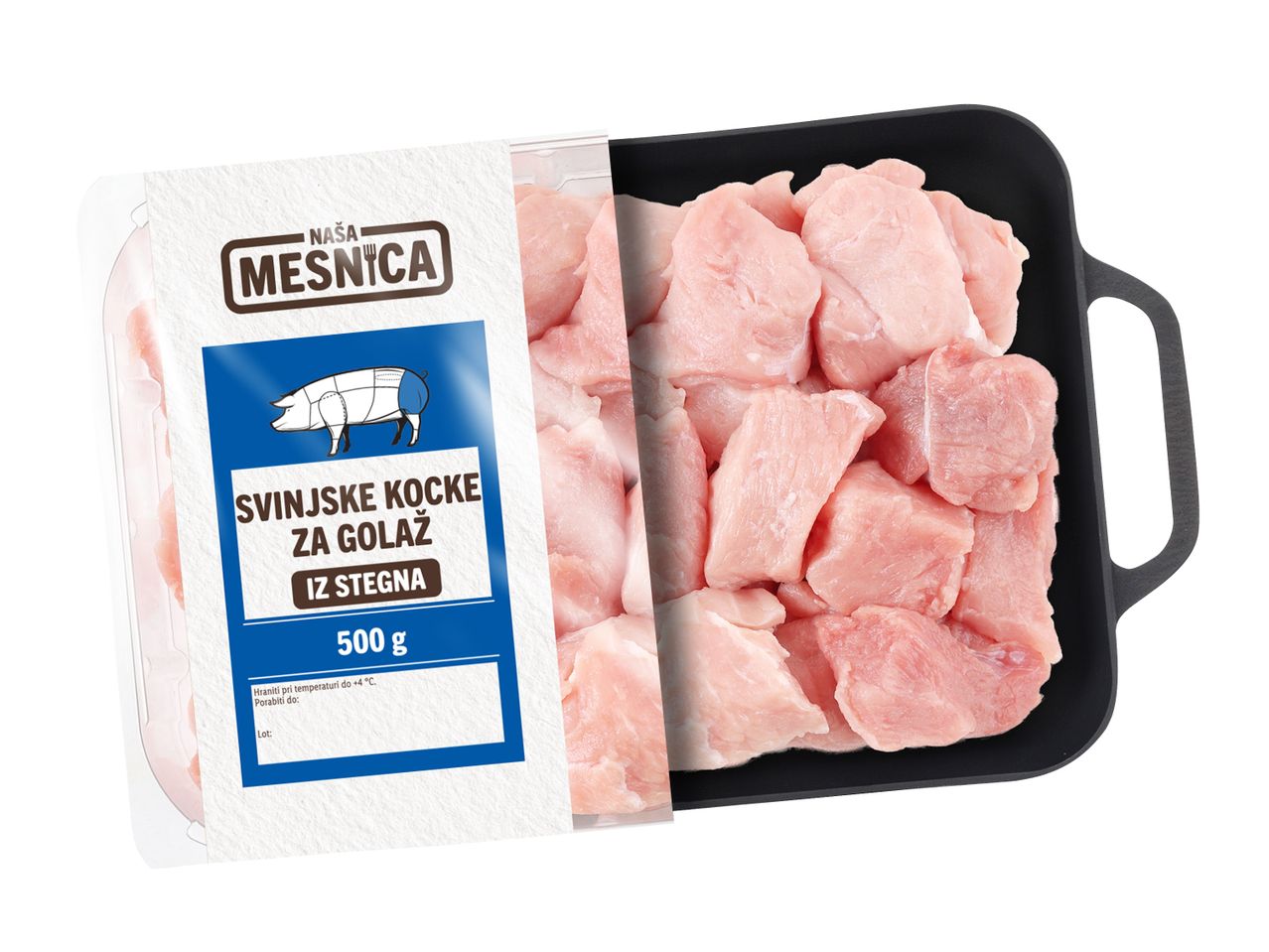 Pakiranje 500 g svinjskih kock za golaž iz stegna blagovne znamke Naša Mesnica.