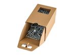 Cardboard box filled with silver screws and a screwdriver bit.