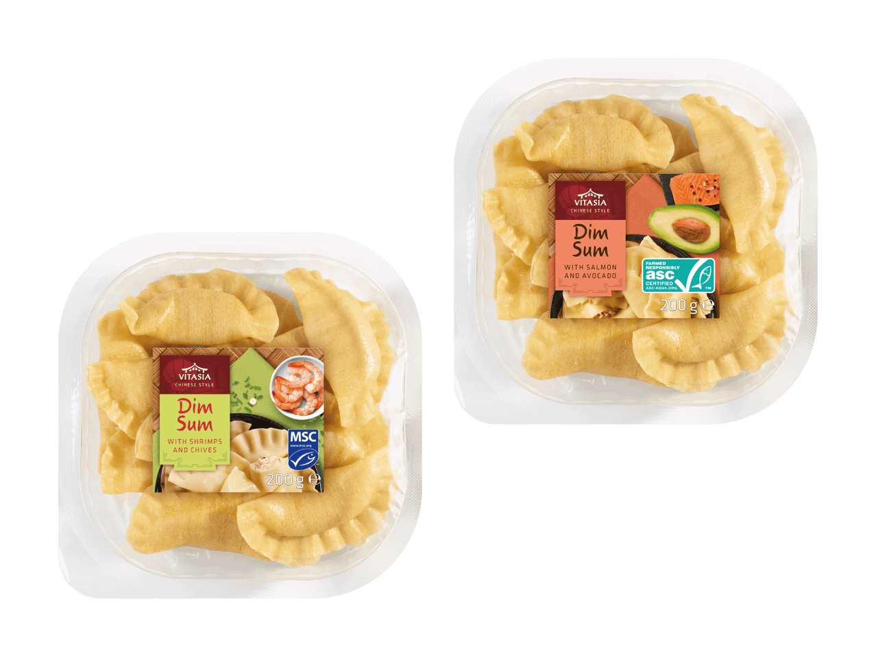Zwei Packungen Dim Sum, eine mit Garnelen und Schnittlauch, die andere mit Lachs und Avocado.