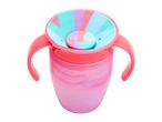 Pink and purple sippy cup with handles and a colorful lid
