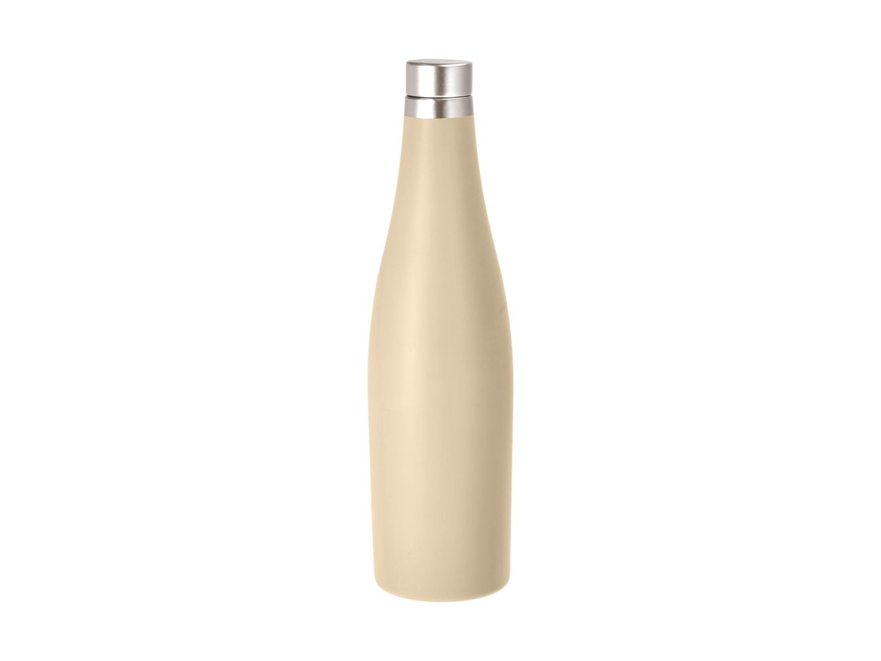 En beige isoleret vandflaske med en sølvfarvet hætte.