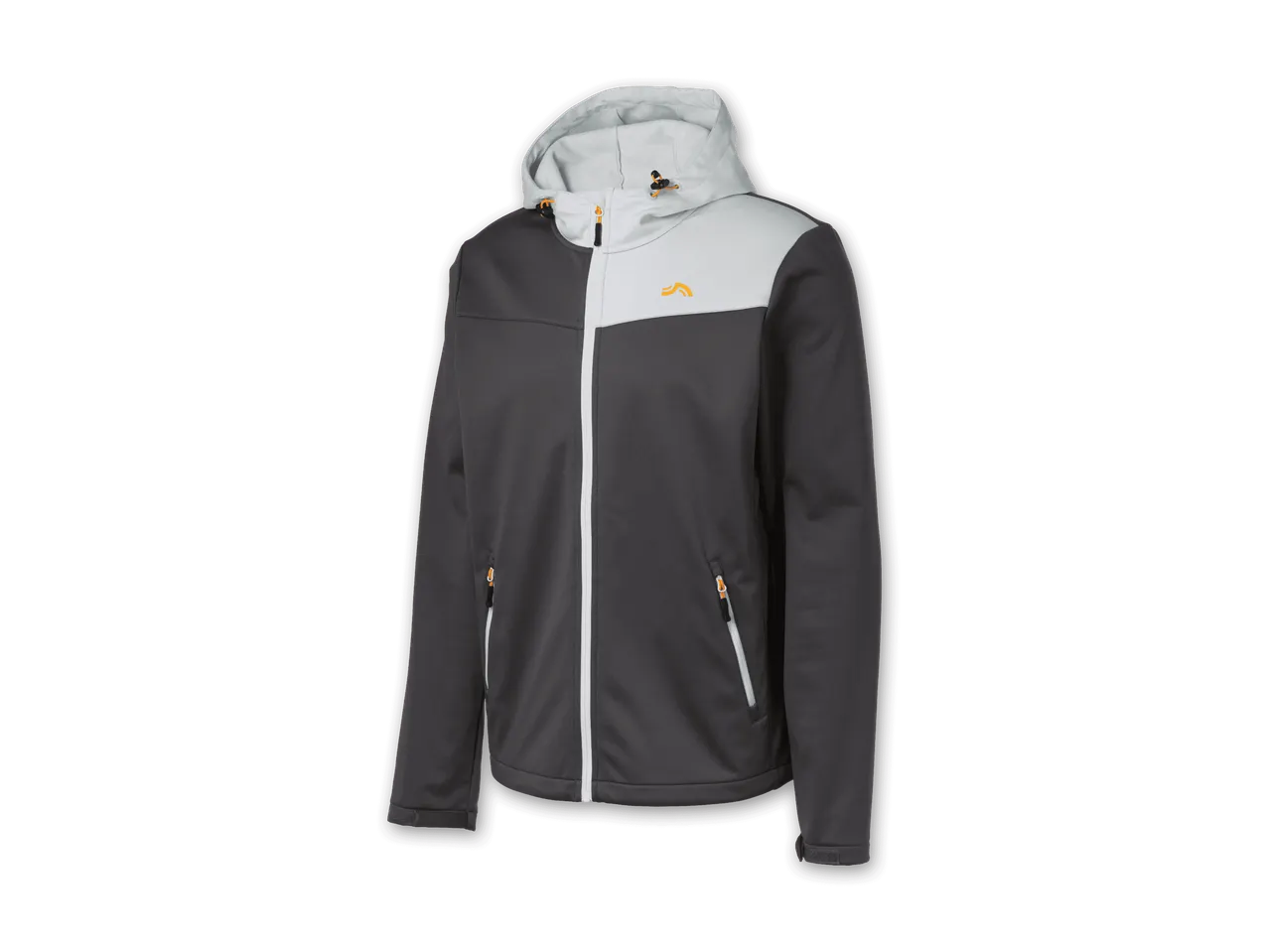 Graue und hellgraue Softshelljacke mit orangefarbenen Reißverschlüssen und Logo.