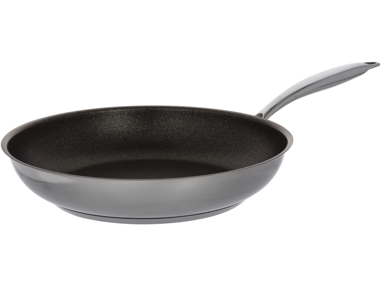 Non-stick wok pan with a silver handle on a black background.