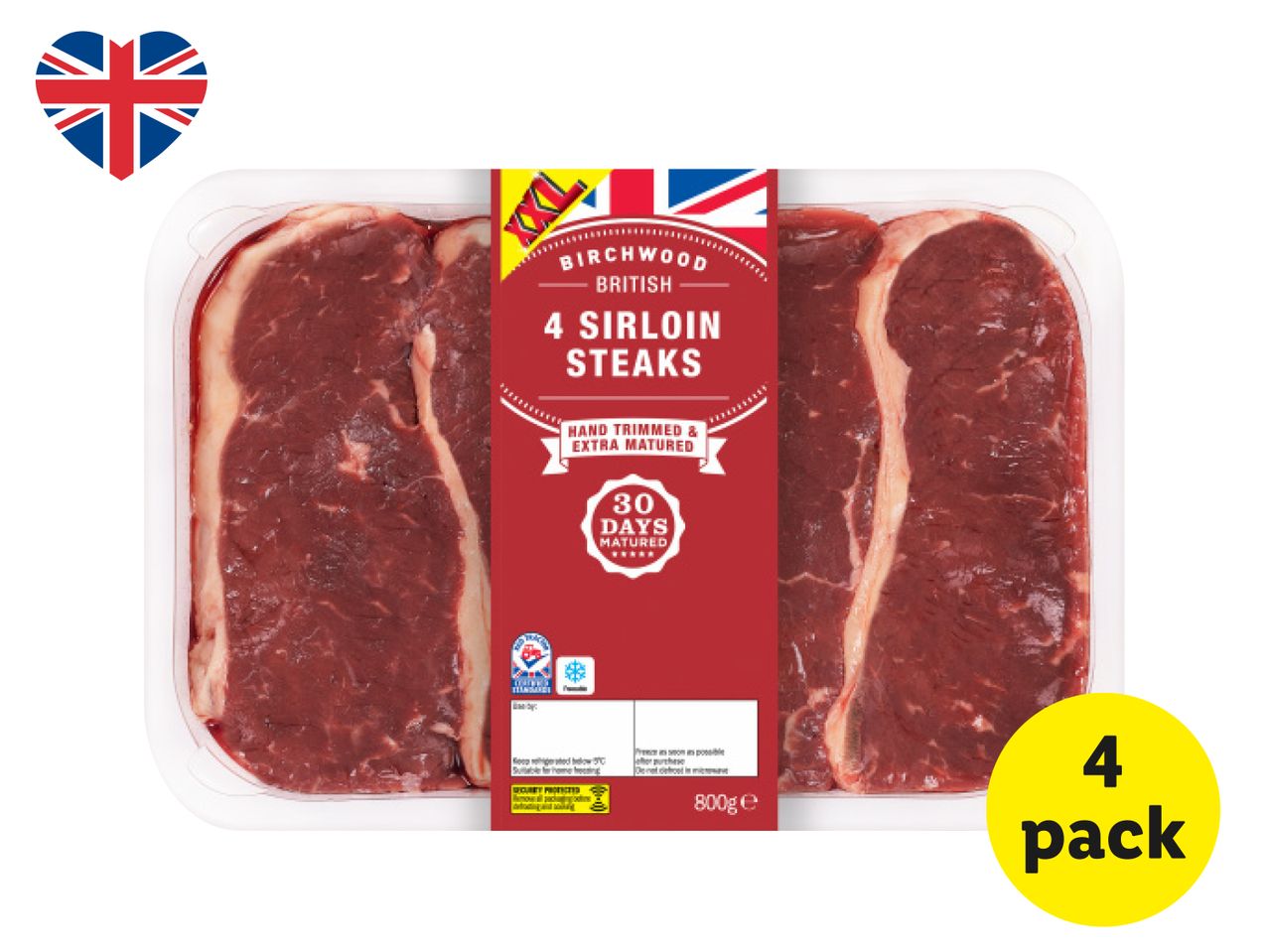 Birchwood British 4 Sirloin Steaks, 30 days matured, 800g 4-pack.