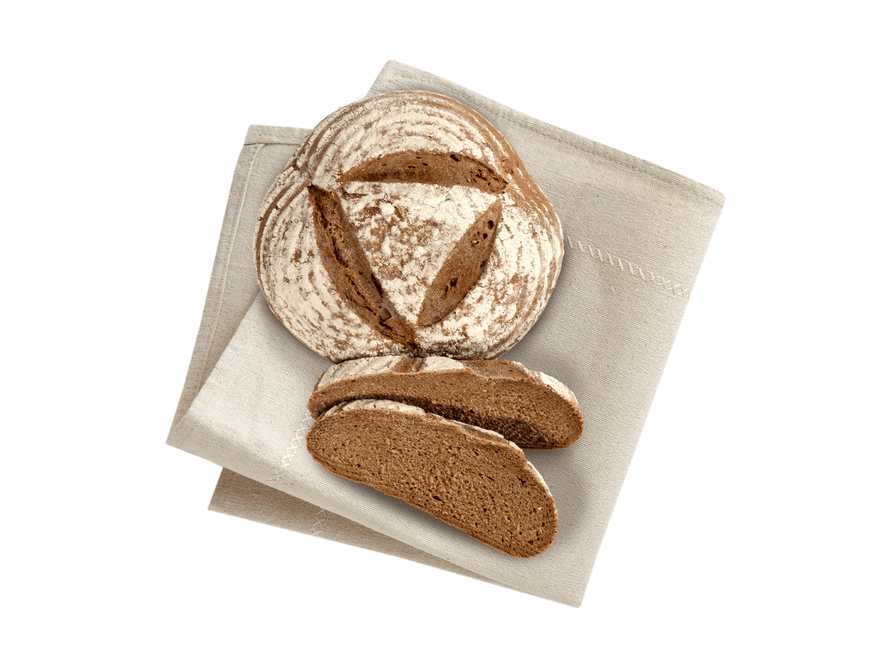 Ein Laib und Scheiben dunkles Brot auf einem Leinentuch.