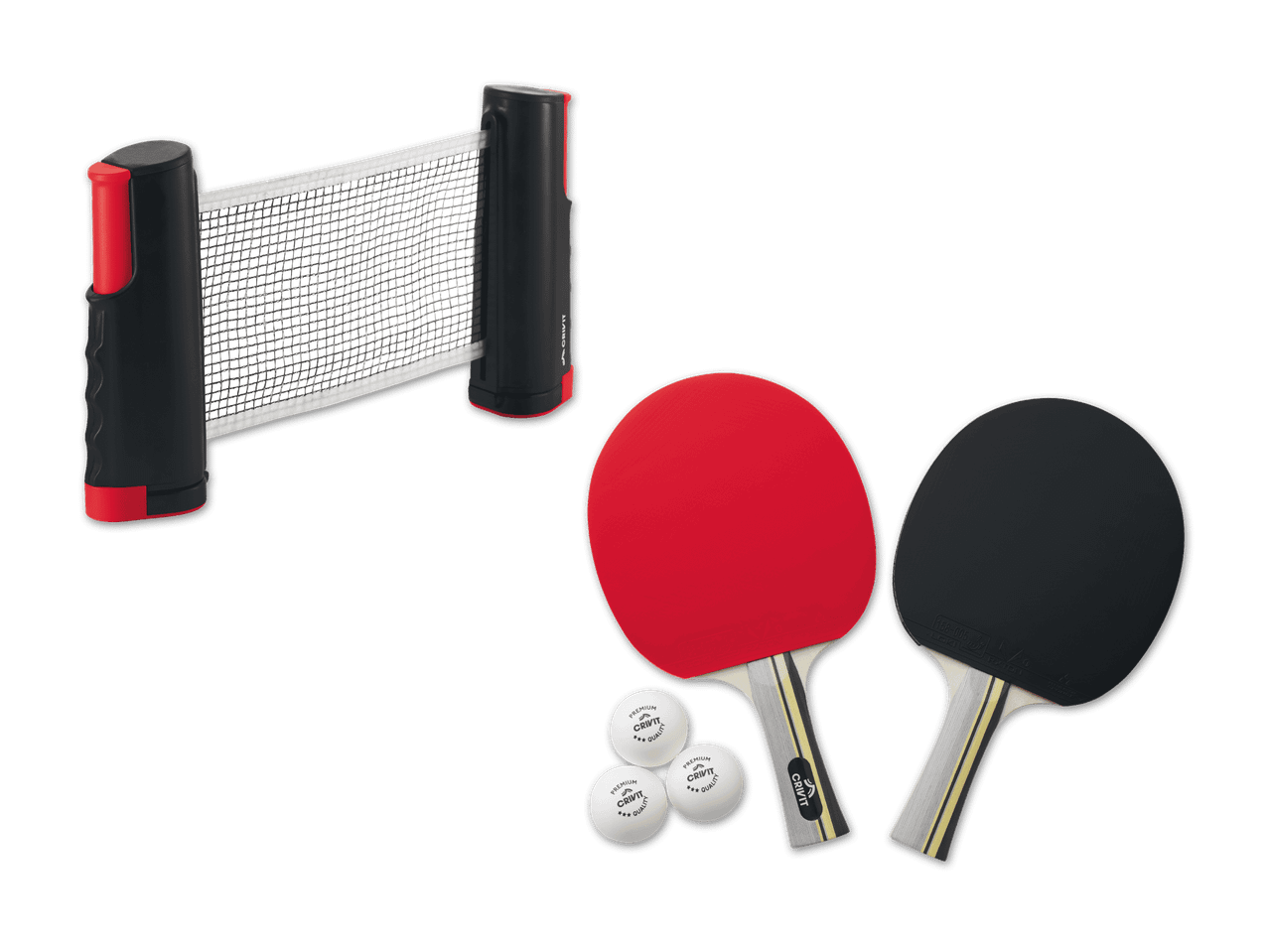 Tischtennis-Set mit Schlägern, Bällen und Netz.