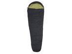 A dark-colored sleeping bag with a light-colored lining.