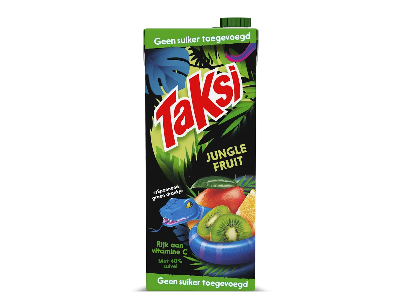 Een pak vruchtensap met de tekst 'Jungle Fruit', een slang en diverse vruchten.
