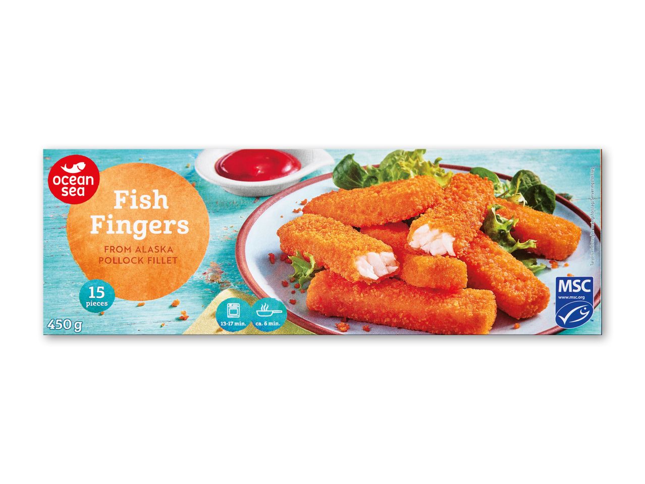 Fiskefingre af Alaska Pollock filet, 15 stk./450g, med tilberedningsvejledning og MSC-mærke.