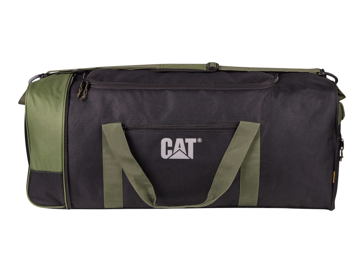 A black and olive green CAT duffel bag with a prominent logo on the front.