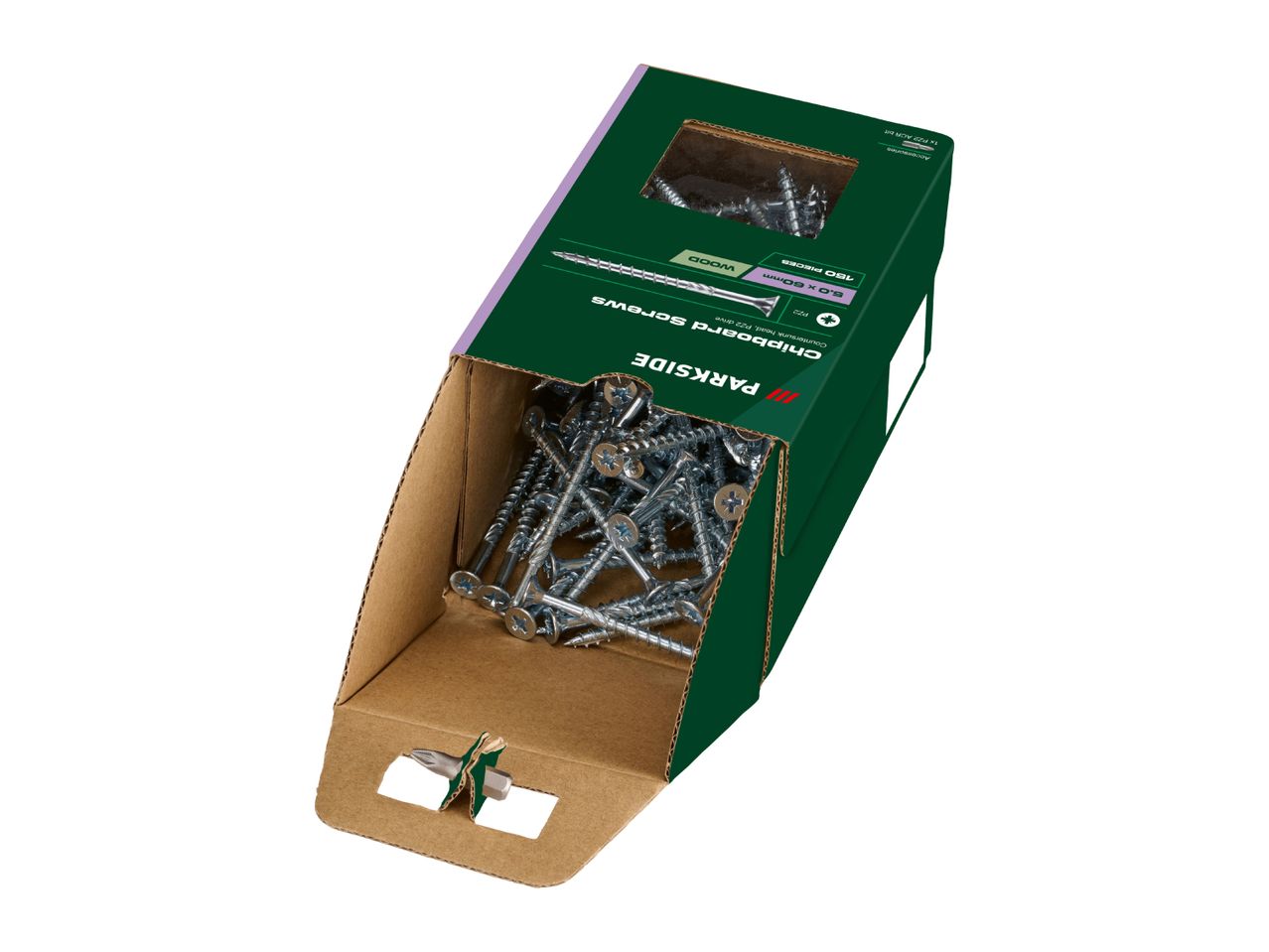 Open box of chipboard screws with a PZ2 bit, 5.0 x 60mm, 150 pieces, for wood.