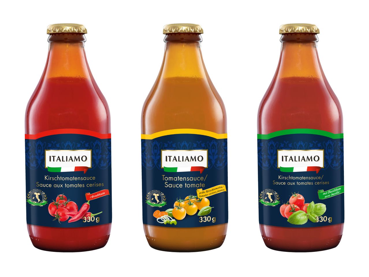 Drei Bioitalia-Fruchtsaftflaschen: Tomate, Mango und Tomaten-Paprika.