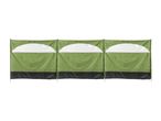 Green windbreak with clear arched windows and black base, featuring three connected panels.