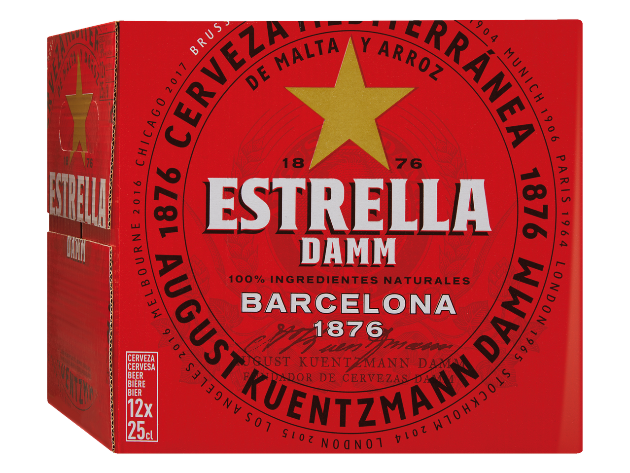 12-pack Estrella Damm bier, brouwerij Barcelona, rood etiket.