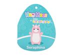 Pink unicorn plush toy tag with the name Seraphina and a 3+ age rating.