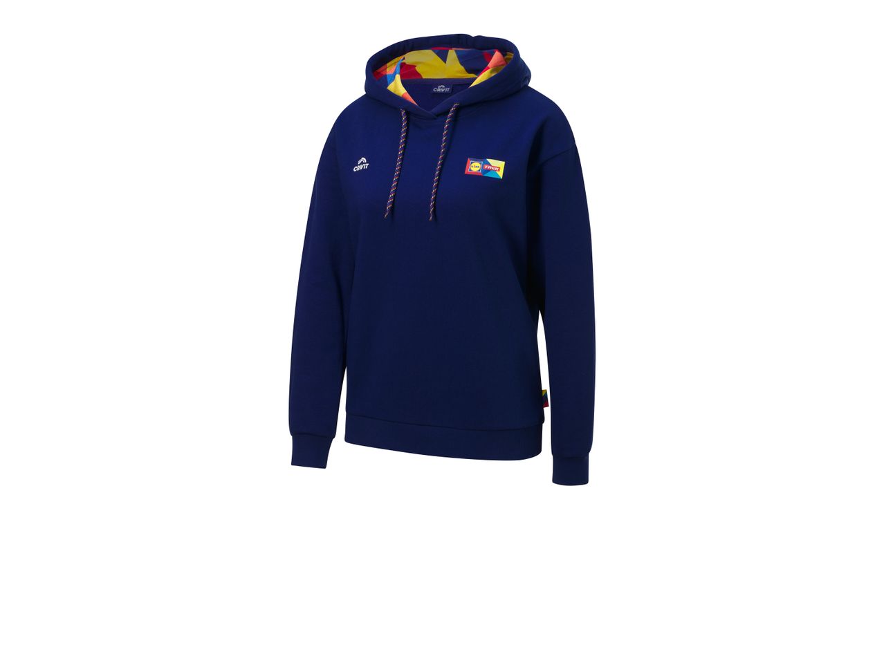 Felpa con cappuccio blu scuro Crivit con dettagli colorati e logo Trek.
