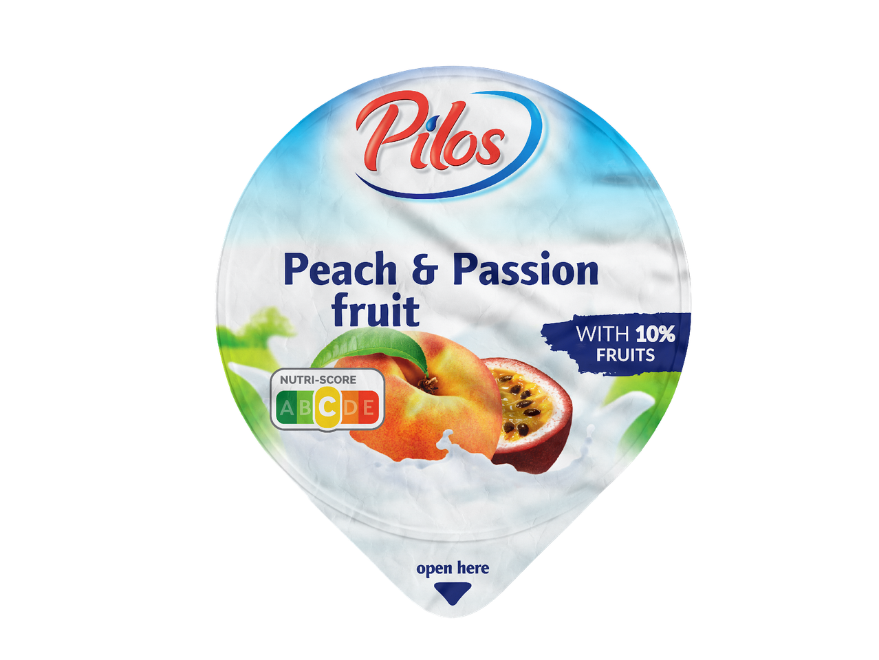 Капачка за кисело мляко с праскова и маракуя, с 10% плодове и Nutri-Score C.