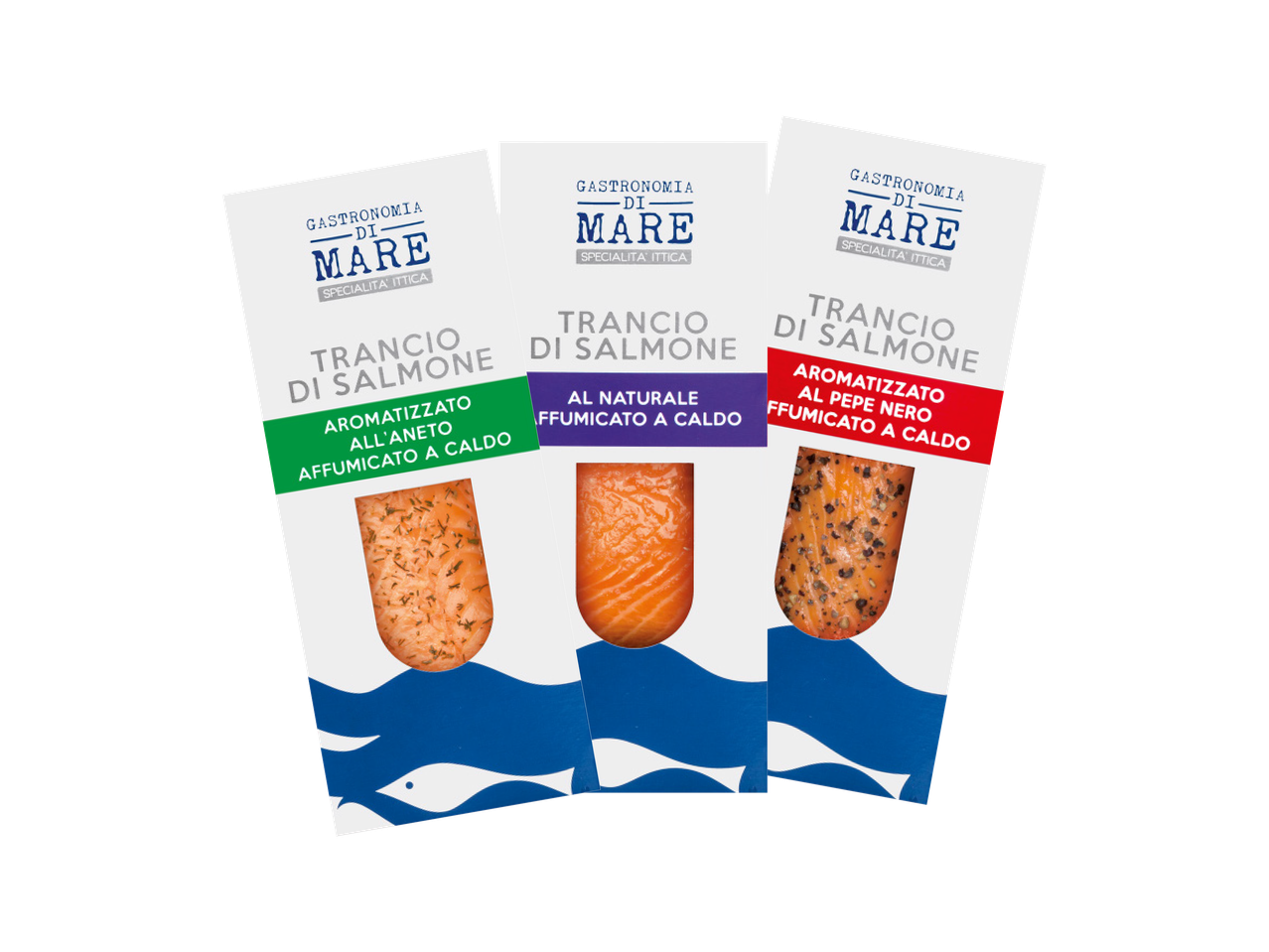 Tre tranci di salmone Norvegese in diverse varianti di sapore.