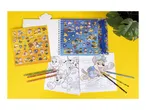Children's activity set with stickers, coloring pages, and pencils, featuring cartoon dog characters.