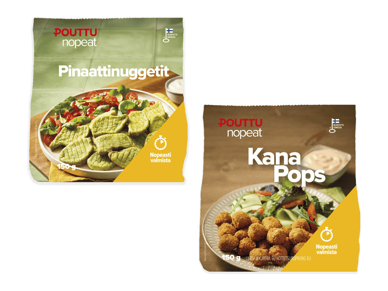 Kaksi pakkausta nopeasti valmistettavia ruokia: pinaattinuggetit ja kanapopsit, molemmat 150 g.