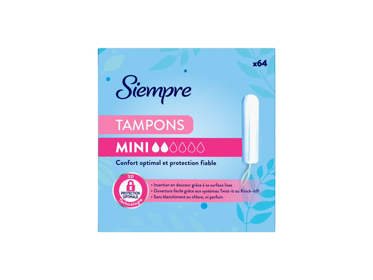 Tampons Siempre Mini, 64 unités, avec technologie de confort et protection optimale.