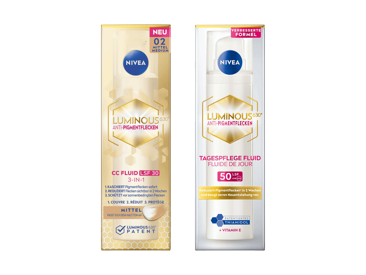 Zwei Verpackungen von Hautpflegeprodukten mit Sonnenschutz und Anti-Pigmentflecken.