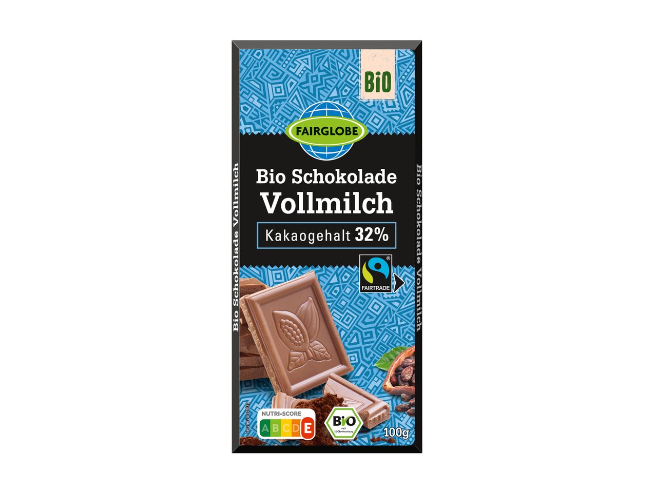 Bio-Vollmilchschokolade mit 32% Kakao, Fairtrade- und Bio-Siegel, Nutri-Score E, 100g