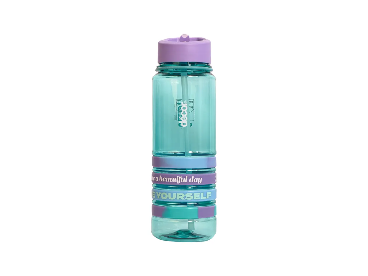 A teal and purple striped water bottle.