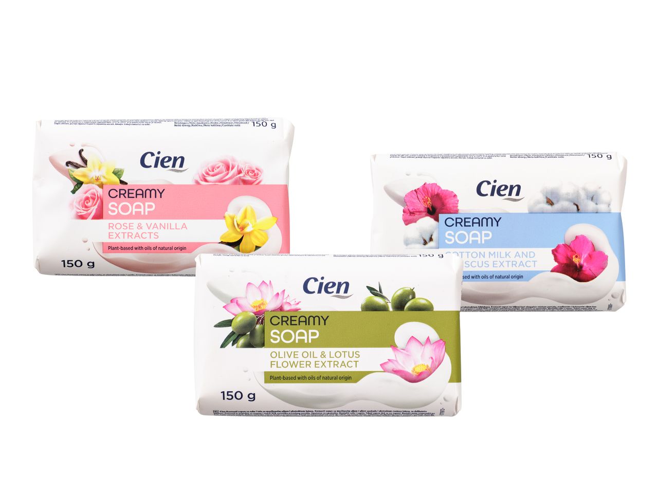 Trys 'Cien' prekės ženklo kreminiai muilai su rožių ir vanilės, alyvuogių bei lotoso, bei medvilnės ir hibisko ekstraktais.