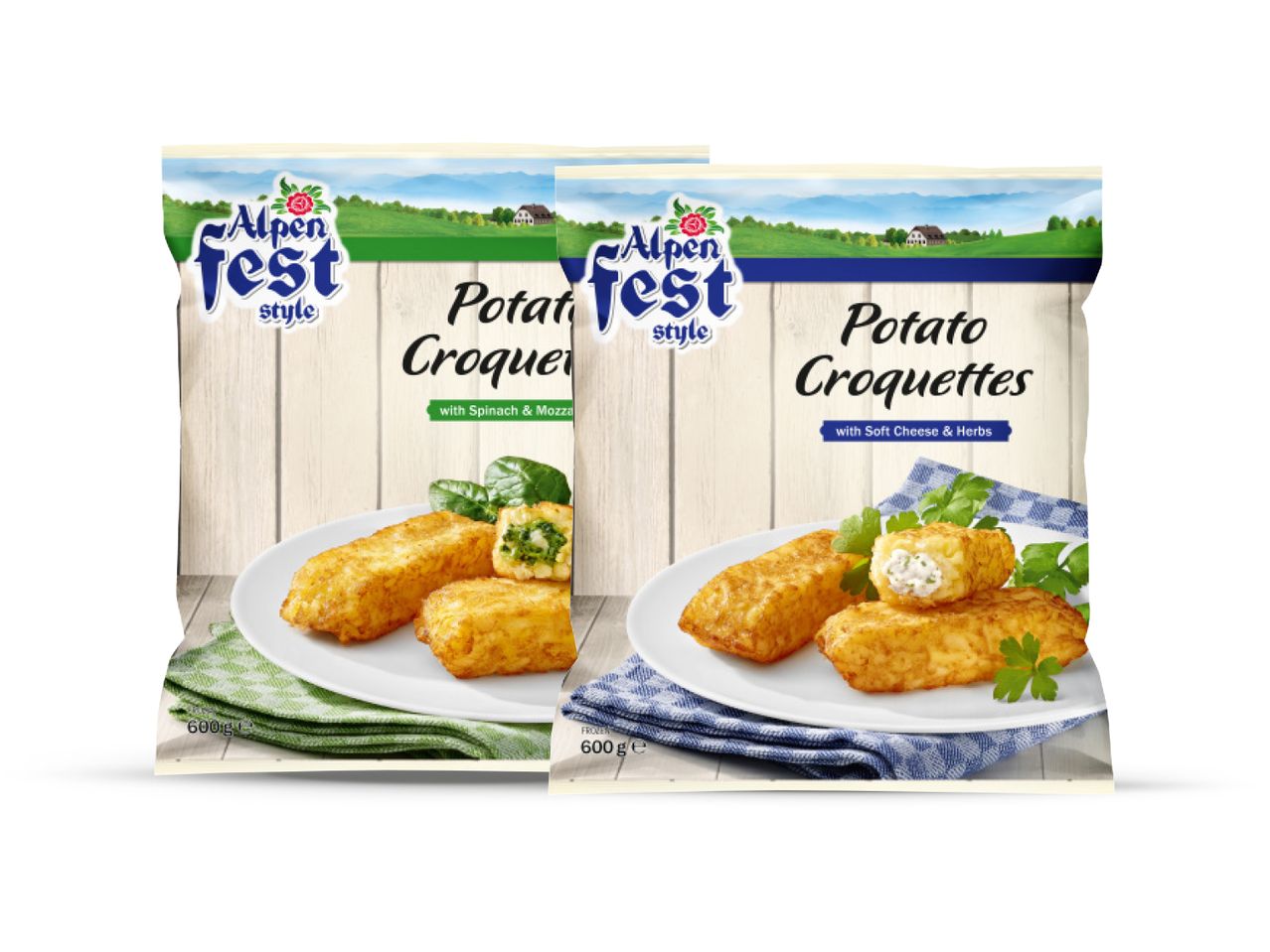 Dva pakiranja smrznutih krumpirovih kroketa marke Alpenfest, s različitim okusima.