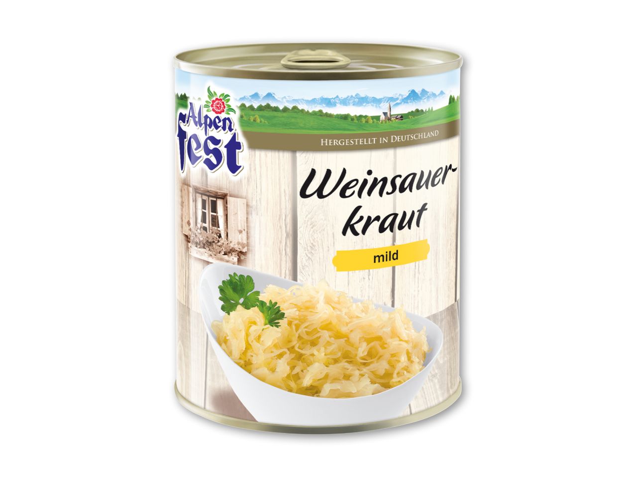 Dåse med Alpenfest Weinsauerkraut (mild) og et billede af surkål i en skål.