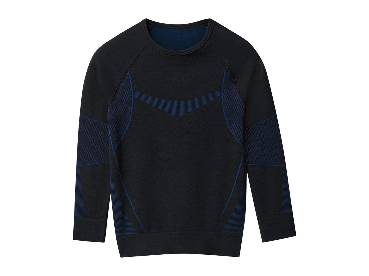Black long-sleeved athletic shirt with blue accents