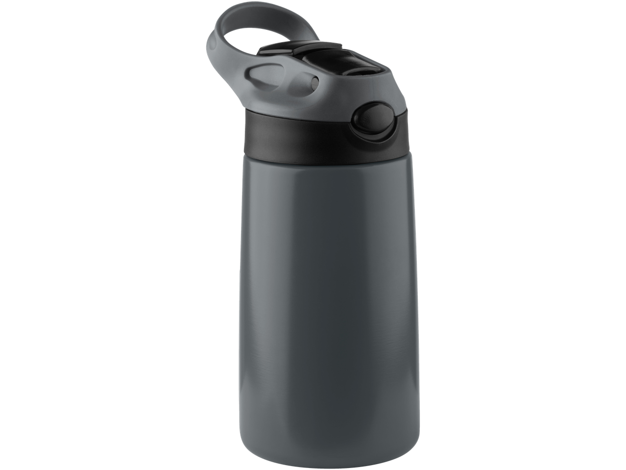 Grijze sportfles met een zwarte dop op een zwarte achtergrond