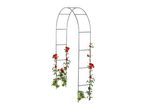 Black metal garden arch with climbing red roses and green leaves.