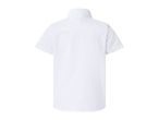 Back view of a plain white short-sleeved shirt with a collar.