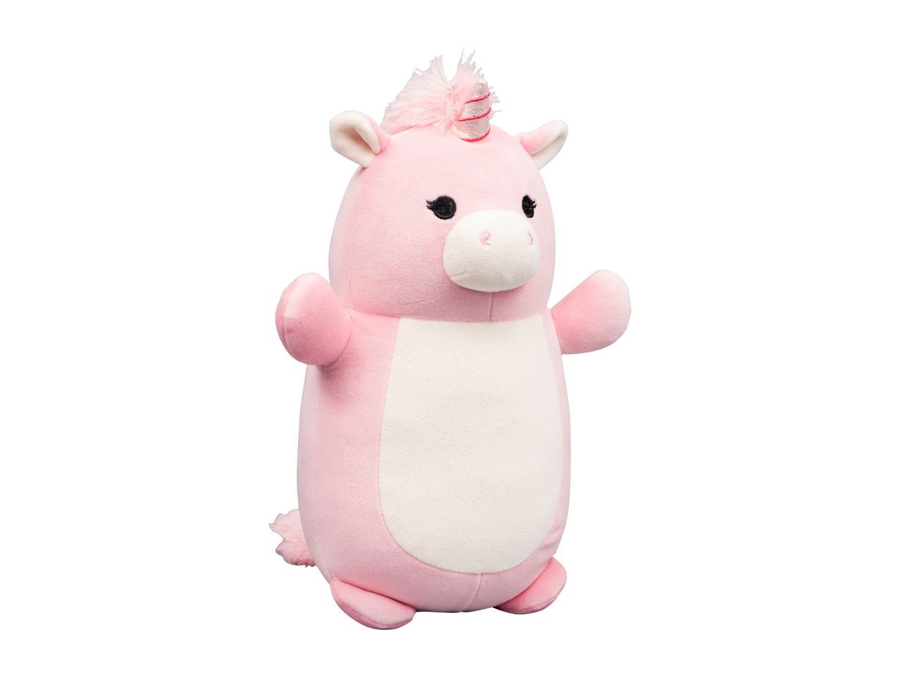Pink unicorn plush toy with a white belly and small arms, standing upright.