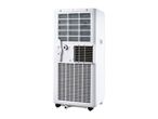 Back view of a white portable air conditioner with visible vents and wheels.