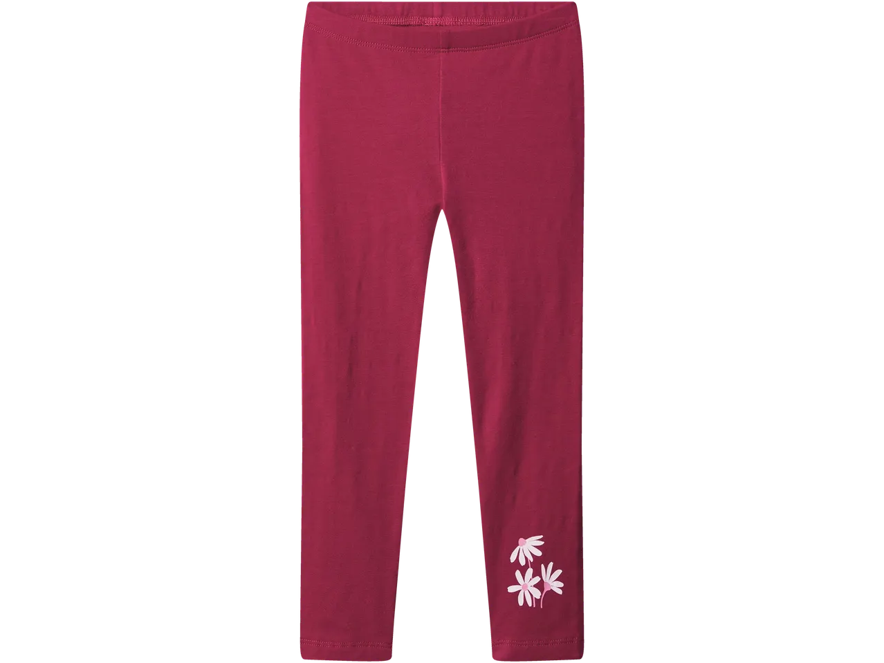 Tamsiai rožinės vaikiškos tamprės su baltomis gėlėmis ant klešnės.