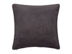 A dark gray velvet throw pillow with brown piping.