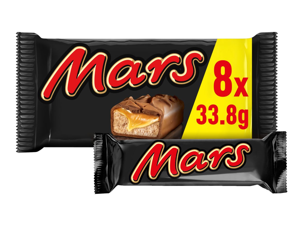 Two black chocolate bar wrappers, one large and one small, with red text and yellow accents.