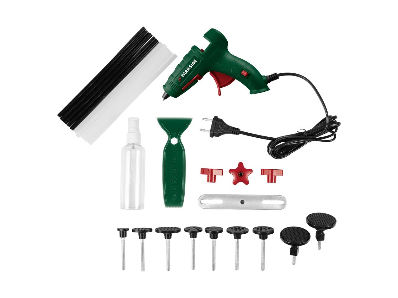 Dent repair kit with a hot glue gun, glue sticks, and various pulling tabs and tools.