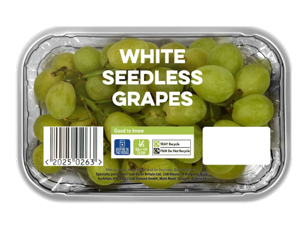 White seedless grapes in a clear plastic container with a label showing recycling information and Lidl branding.