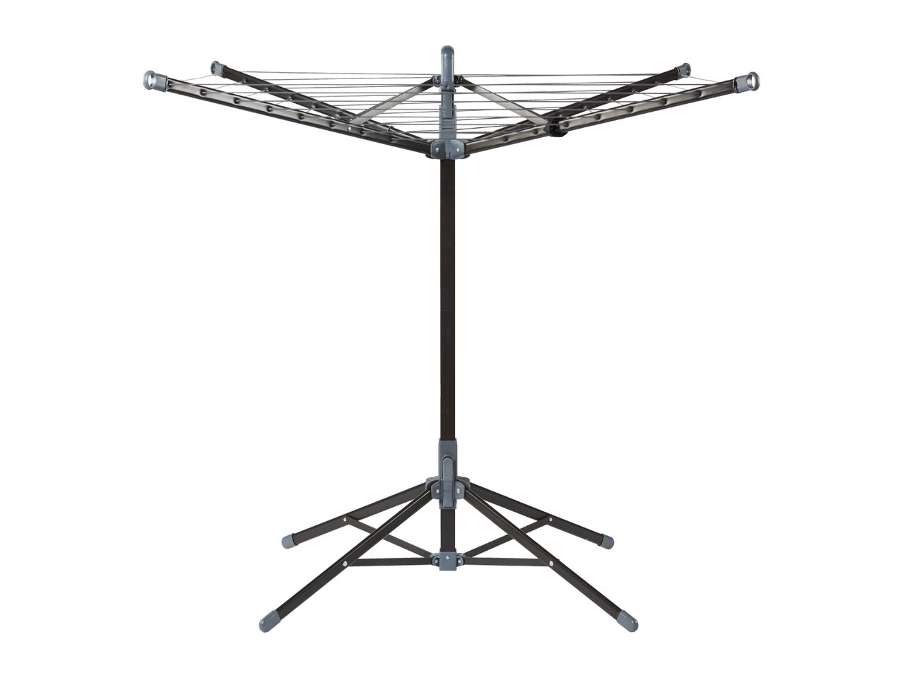A grey and black rotary clothes dryer with a tripod base, designed for outdoor use.