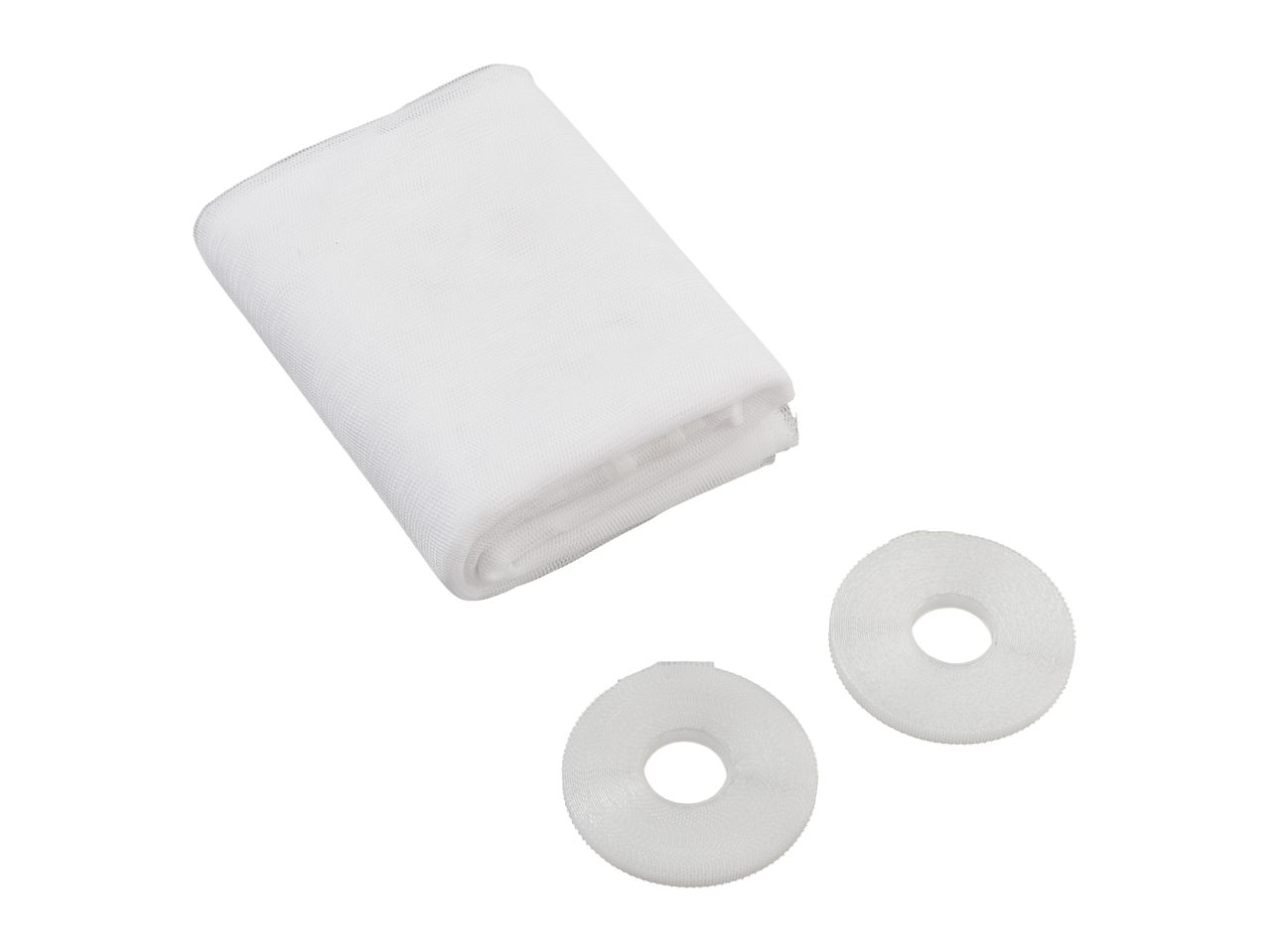 White window screen mesh and two rolls of hook and loop tape