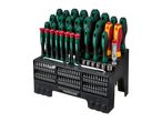 A large screwdriver set with various sizes of screwdrivers, bits, and sockets, organized in a black stand.