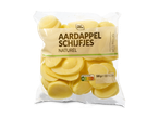 Zak aardappelschijfjes naturel met Nutri-Score A en bereidingsinstructies.