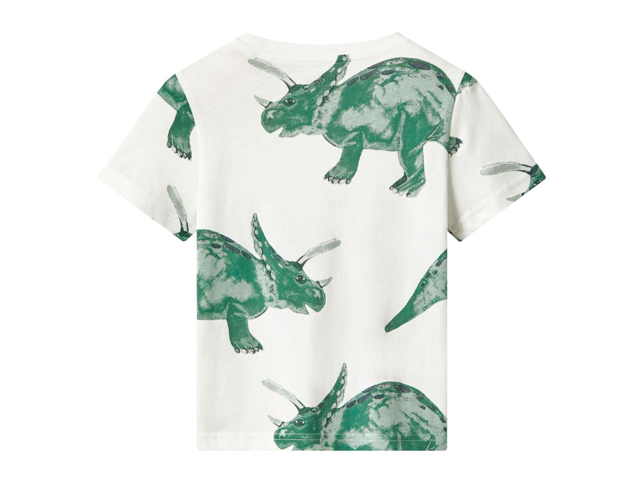 White short-sleeved t-shirt with a green dinosaur print, back view.