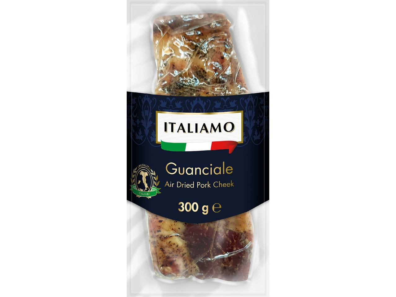 Vakuumförpackad Guanciale (lufttorkad fläskkind) från varumärket Italiamo.